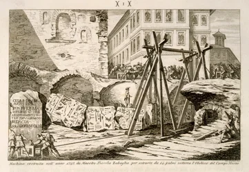 El dispositivo inventado por Nicola Zabaglia en 1748 para levantar el Obelisco en el Campo de Marte que estaba 14 manos bajo tierra